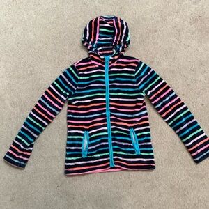 Lands End girls softest fleece hooded jacket navy multi stripe size L 10/12